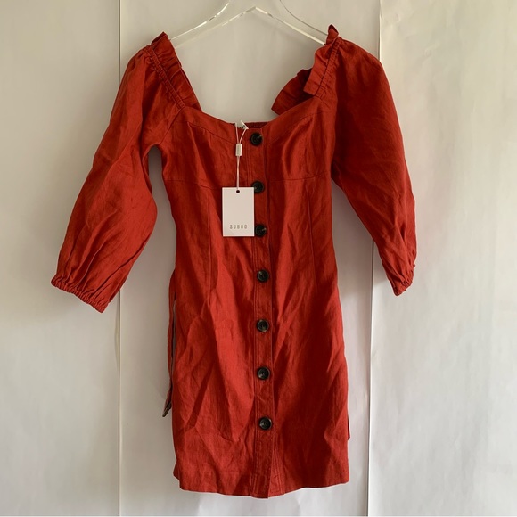 Suboo Rising Sun Button Front Linen Mini Dress brick red - Picture 7 of 13